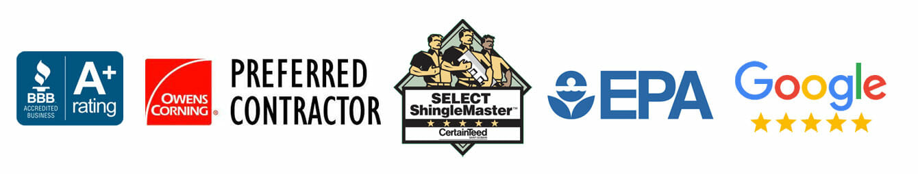 BBB A+ accredited business, owens corning preferred contractor, Certainteed select shingle master, EPA, Google 5 star customer reviews Twin Cities