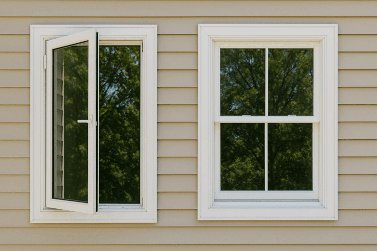 Side-by-side comparison of a casement window and a double-hung window on a modern home exterior, illustrating the design differences for the question “Are casement windows more expensive than double hung?"