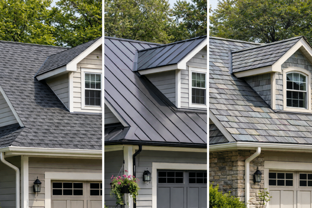 A side-by-side showing the 3 best roofing materials for cold climates