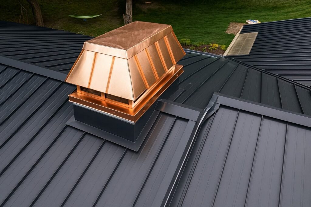 Close-up of a black standing seam metal roof with a custom copper chimney cap and clean valley flashing