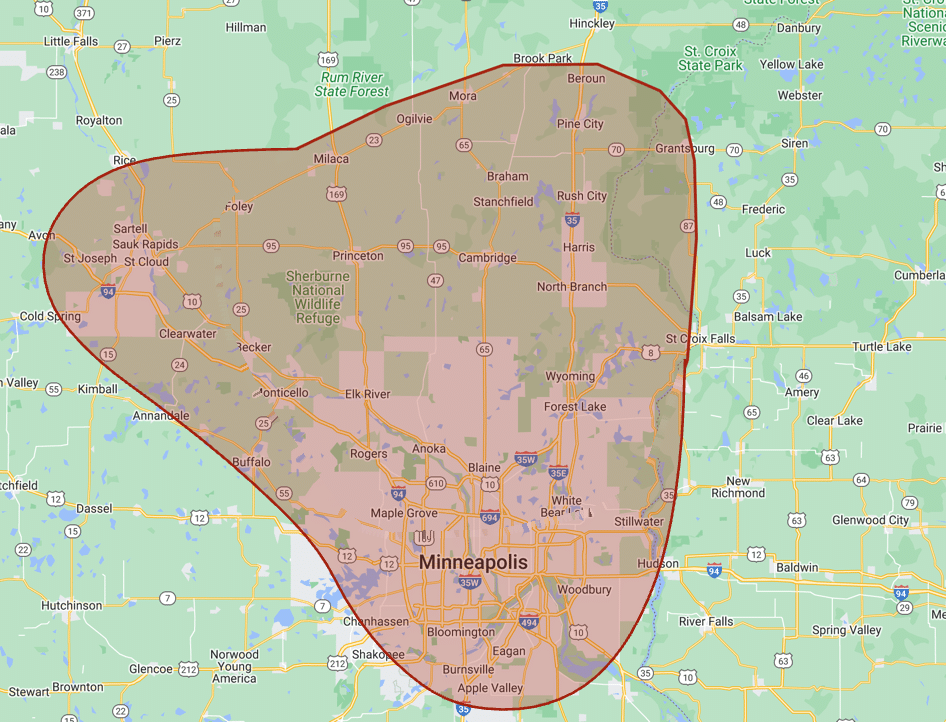 RoofingMN service area map covering the Twin Cities metro from St. Cloud to Apple Valley